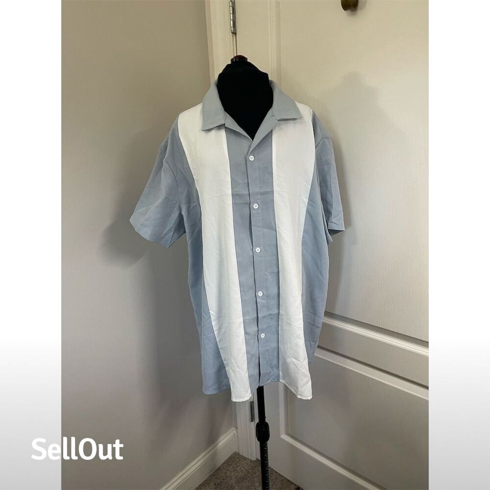Coofandy Men's XL Blue Retro Cuban Collar Short Sleeve Shirt (sku501)